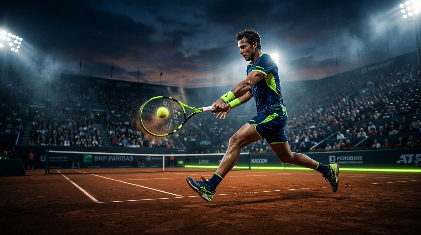 Athletic male tennis player executing a powerful topspin stroke under stadium lights